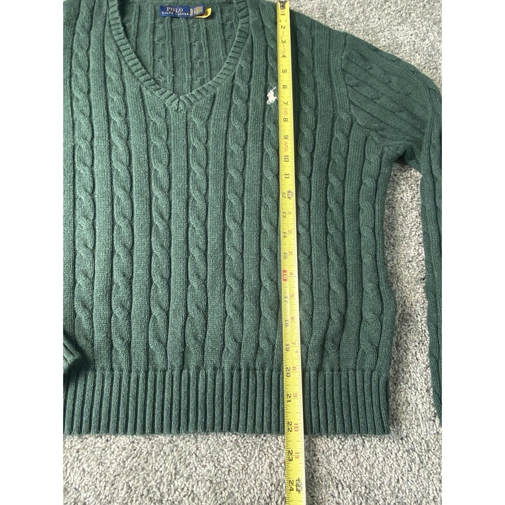 Polo Ralph Lauren Women's V-Neck Cable Knit Sweater XL Green Cotton Pony Logo - Picture 7 of 8